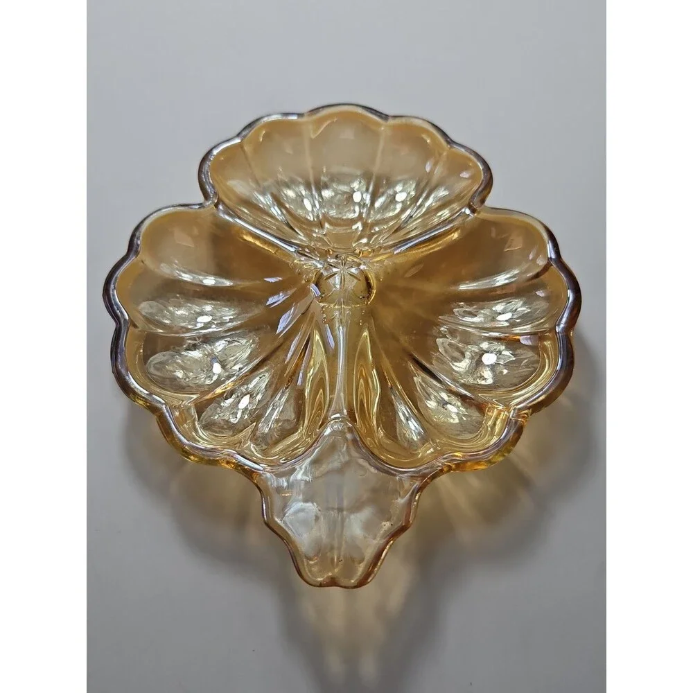 VTG Depression Carnival Glass Iridescent Marigold Gold 3 Leaf Clover Candy Dish